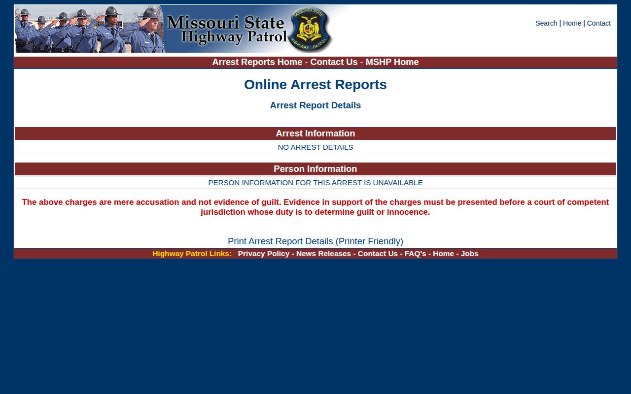 Missouri State Highway Patrol arrest detail showing report, charge, and hold fields