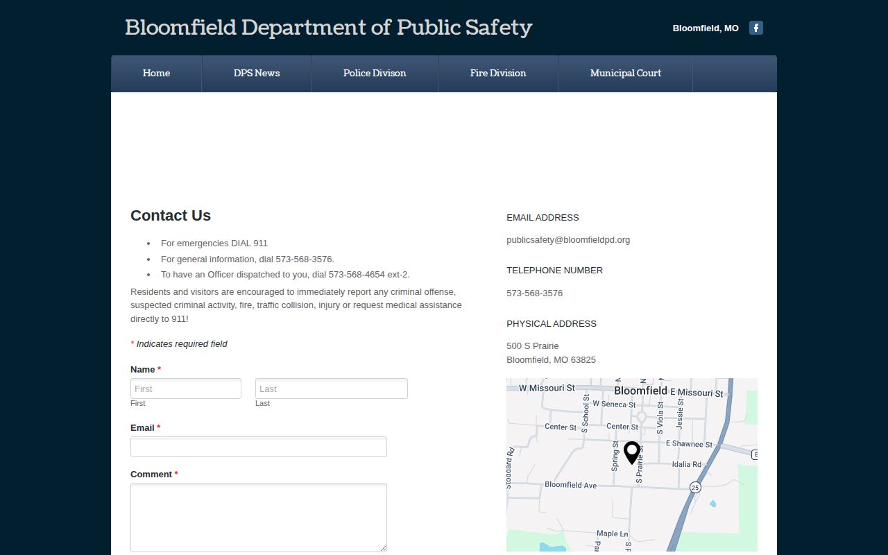 Official Bloomfield Department of Public Safety contact page