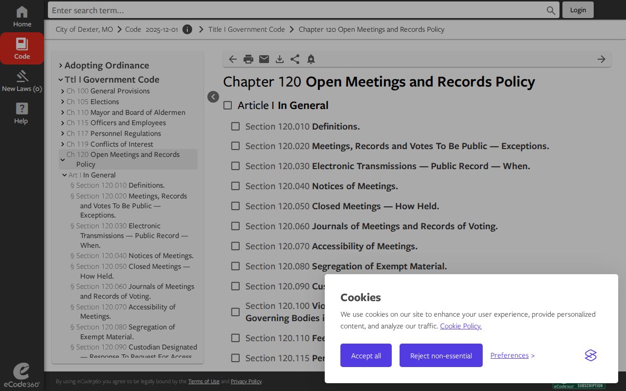 Dexter municipal code page describing police records and daily log rules
