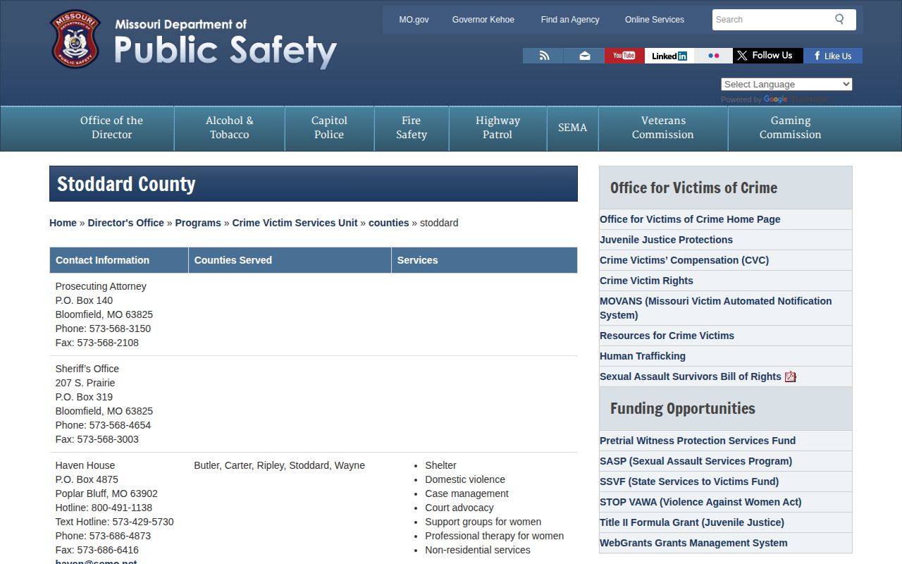 Missouri DPS Stoddard County sheriff contact page