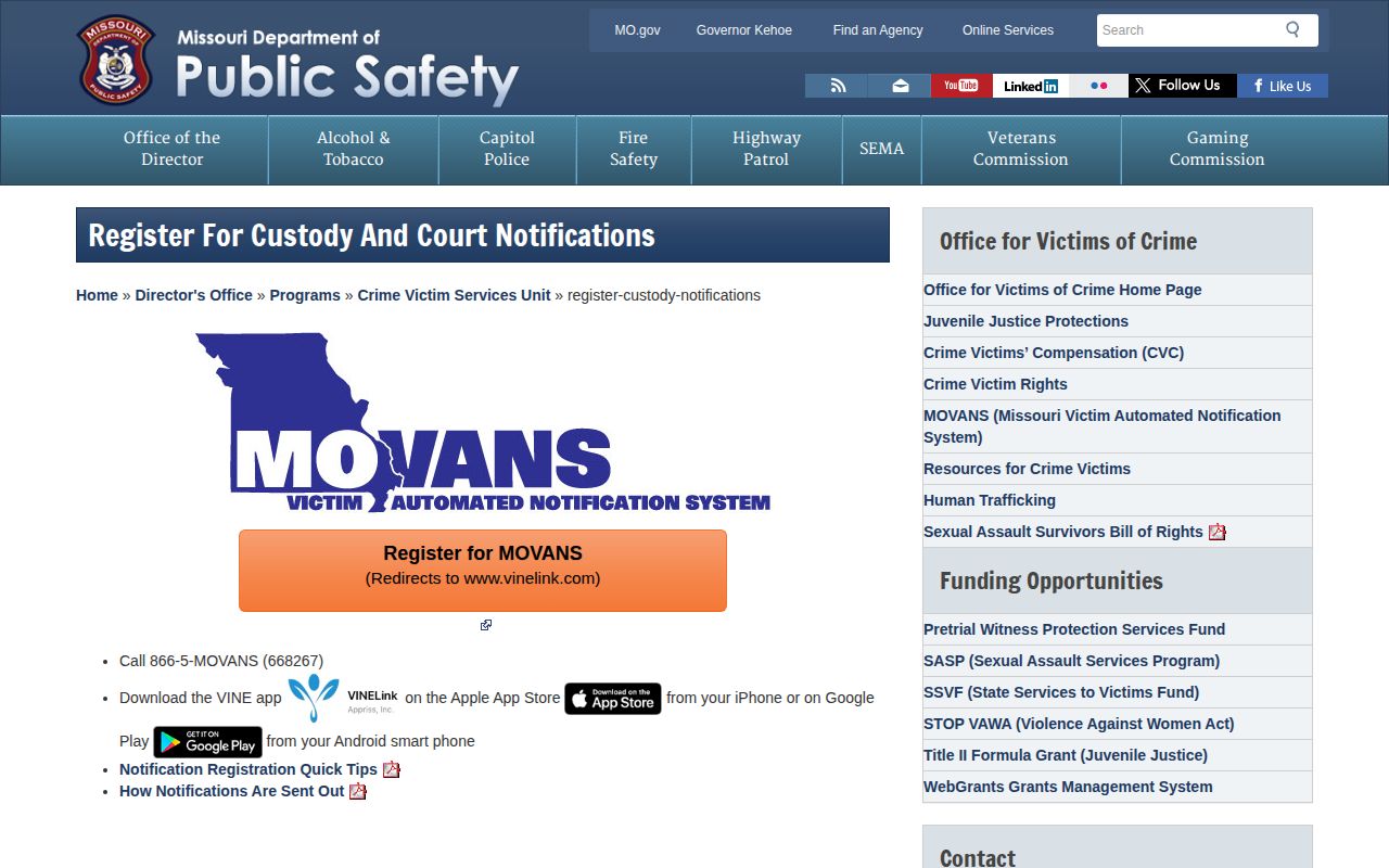 Missouri MOVANS registration page serving Stoddard County custody alerts