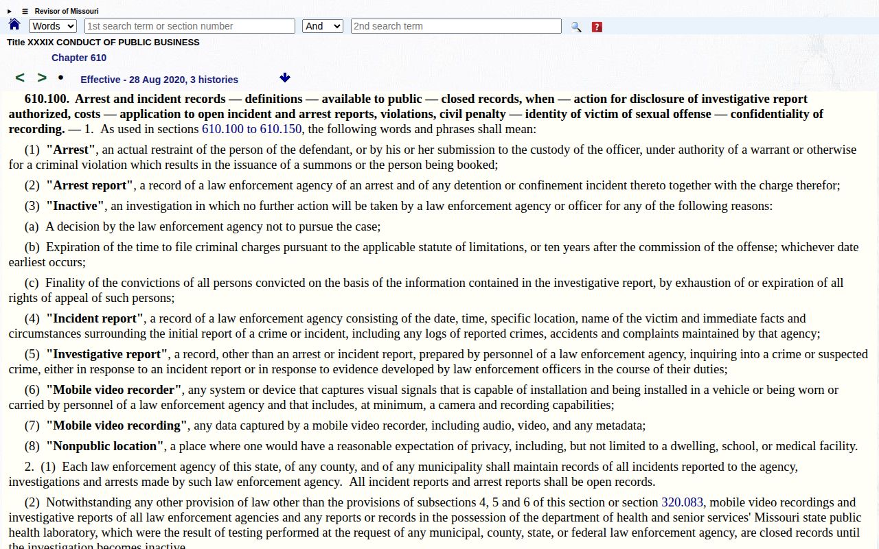 Missouri statute 610.100 arrest report page